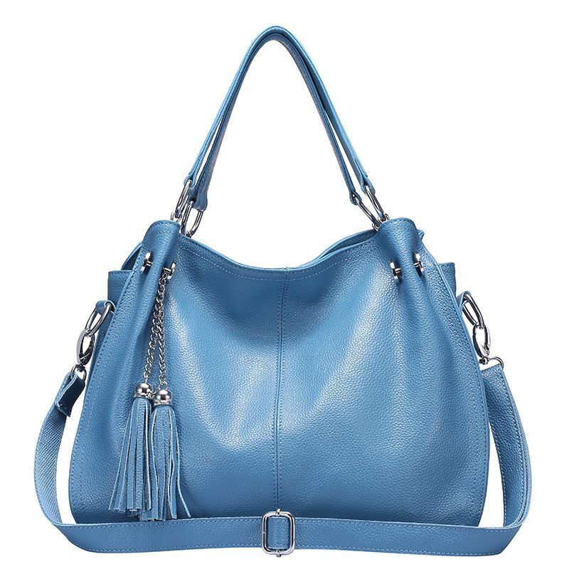 Yellow Blue Tassel Cowhide Leather Handbag Large Soft Leather Tote Shoulder Bag