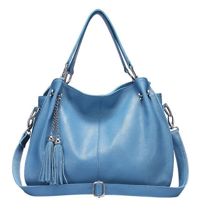 Yellow Blue Tassel Cowhide Leather Handbag Large Soft Leather Tote Shoulder Bag