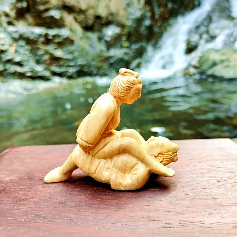Natural Boxwood Carved Sexing Statue Couples Wood Figure Oriental Style