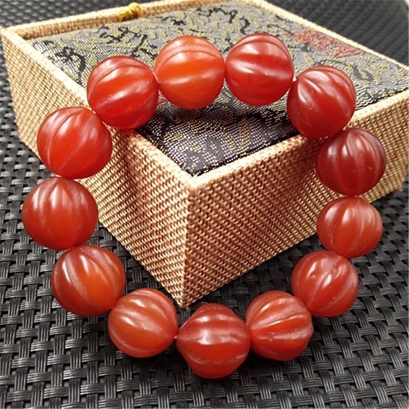 Natural Red Agate Pumpkin Bead Bracelet 16mm Matte Unisex Jewelry