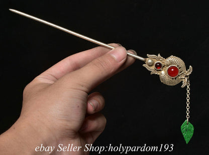 7.2" Old Chinese Silver Inlay Gems Fengshui Double Fish hair clasp Statue