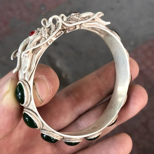 Ancient China Qing Dynasty Antique Dragon Bangle Colect Inlaid Gemstone Bracelet