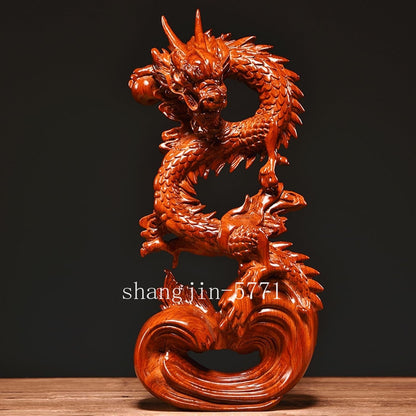 Feng Shui Dragon Statue Chinese Wood Figurine for Wealth & Luck Home Decor