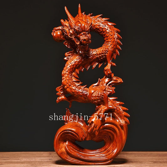 Feng Shui Dragon Statue Chinese Wood Figurine for Wealth & Luck Home Decor