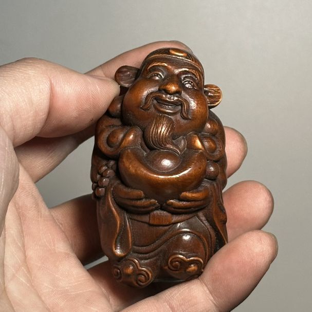 Chinese Vintage Boxwood Carving Mammon Statue Wooden Figurine Collectible Gift