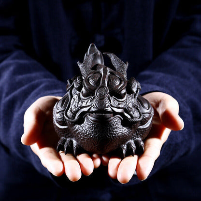 Full Handmade Artware Yixing Zisha Black Clay Tea Pet Marked Wealth Bring Mascot