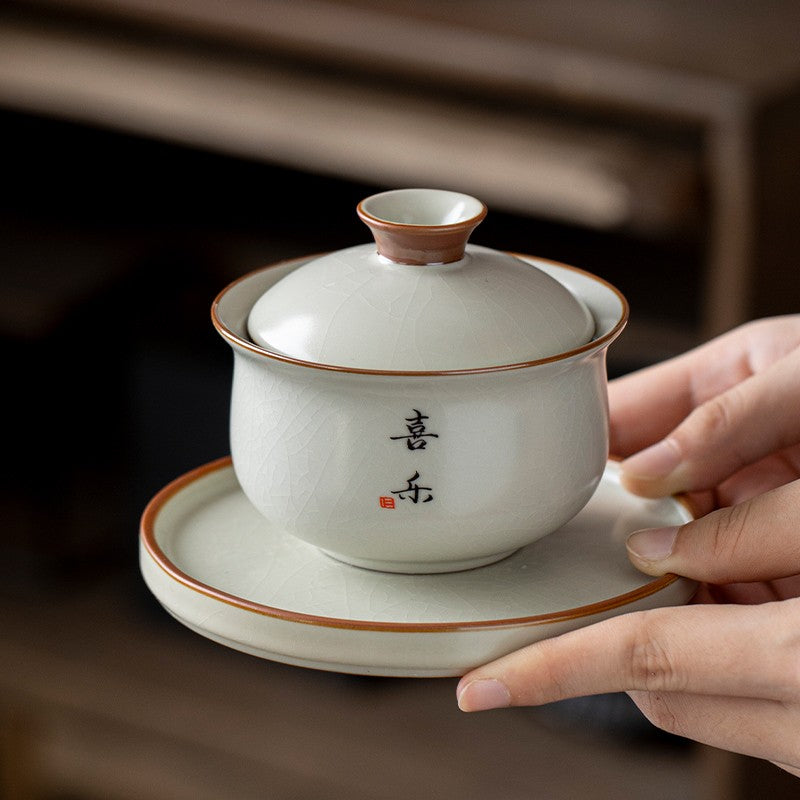 Ru Kiln Three Cai Lid Bowl Tea Cup Can Hover and Rotate Ceramic Tea Cup Tea Set