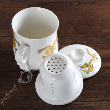 300ml Dragon Ceramic White Porcelain Tea Infuser Mug with Lid Mug Cup-