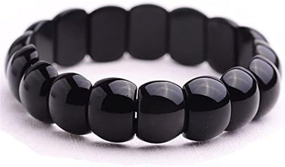 Women Bracelet Black Obsidian Crystal Flat Beads Stretch Hand Row Elastic String