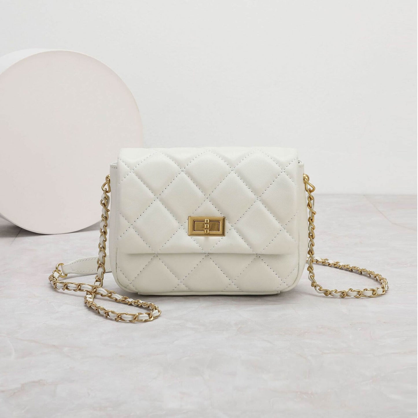 Small Mini Quilted Sheepskin Leather Flap Purse Shoulder Bag Handbag w/ Chain
