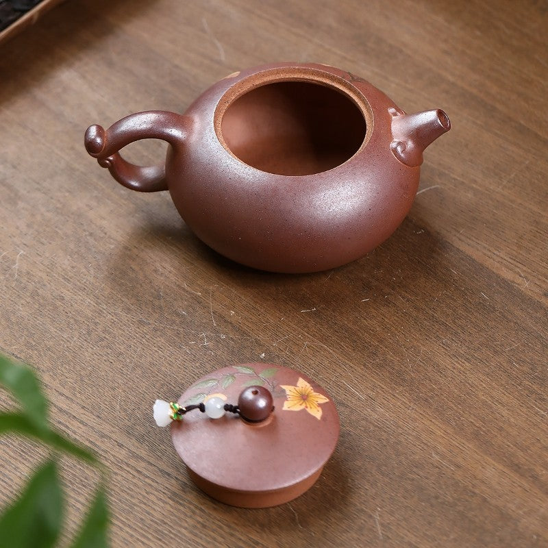 Handpainted Floral Relief Yixing Zisha Tea Pot Ball Shaped Infuser Holes Marked