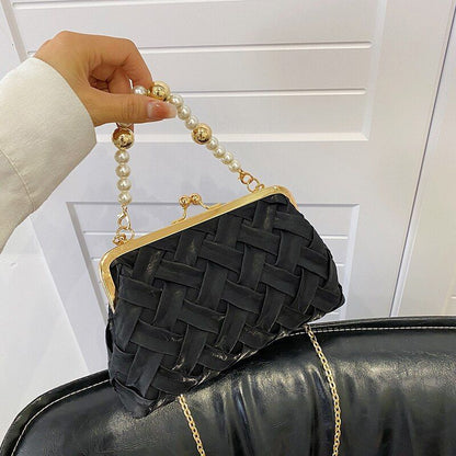 Shoulder Bag Pearl Chain Handbag Ribbon Weave Purses Clip Crossbody 21*5*13 CM