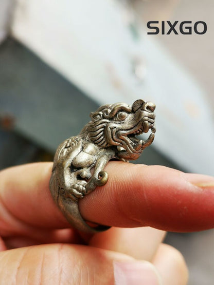Old Chinese Tibetan Silver Handmade Tiger head Ring Men's Ring