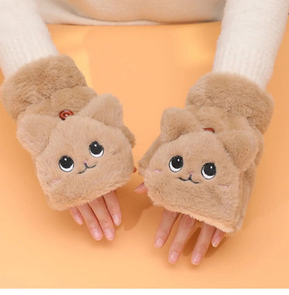 Women Winter Gloves Coral Fleece Half-Finger Style Plush Warm Soft Thick Mittens