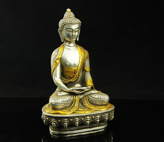 Exquisite Tibet Silver Gilt Tibetan Buddhism Sakyamuni Buddha Statue