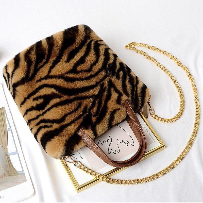 Fluffy Tote Bag Sling Chains Shoulder Strap Crossbody Faux Fur Bucket Handbag