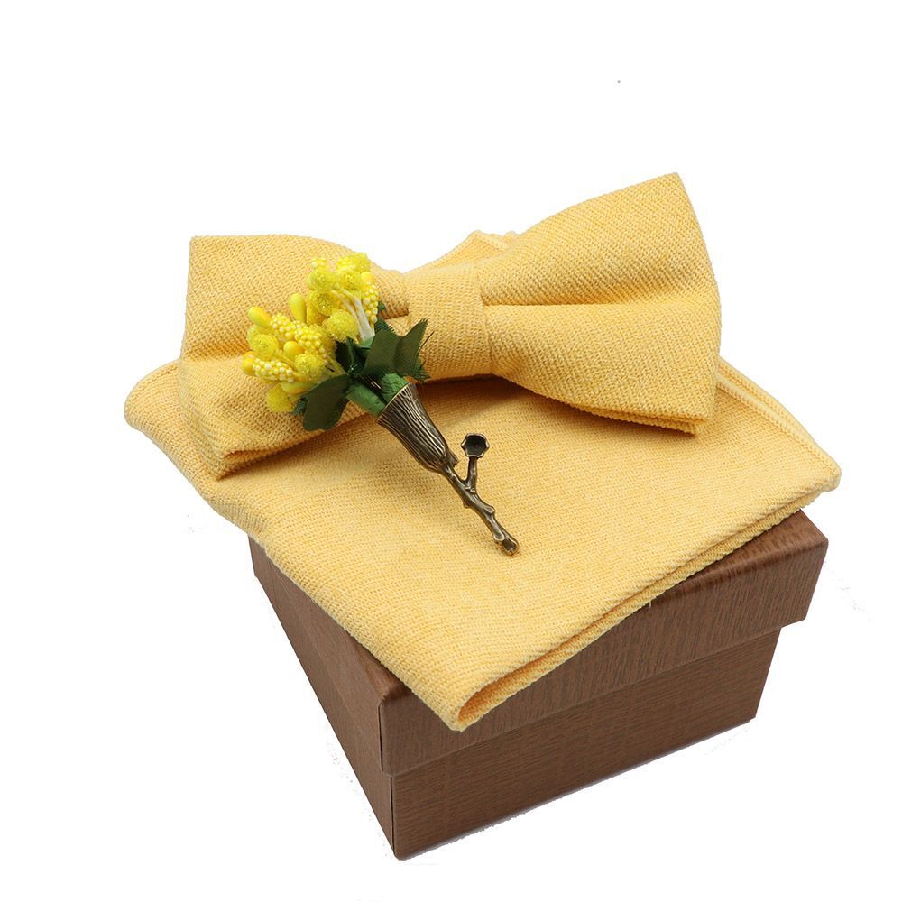 Men Bow Ties 3Pcs Cotton Handkerchief Flower Brooch Women Party Wedding Necktie