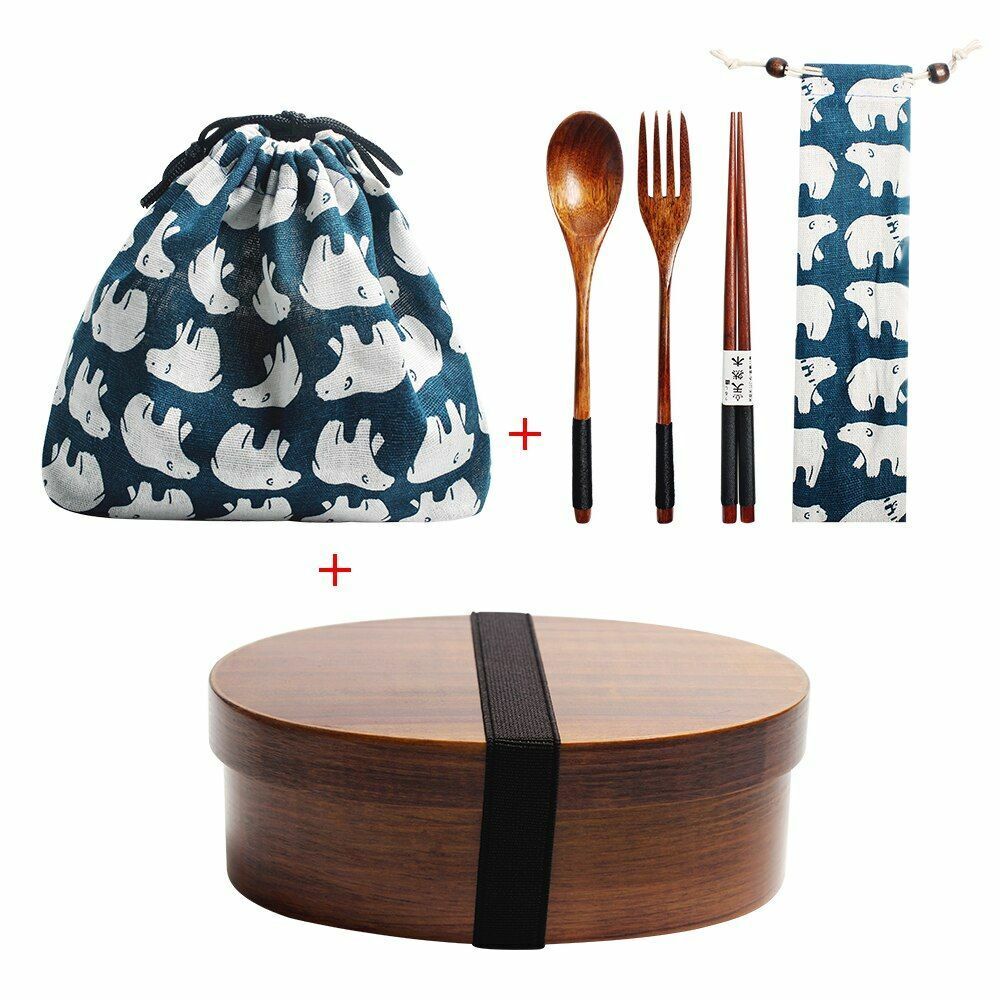 Wooden Lunch Box Picnic Japanese Bento School Kids Dinnerware Set Bag Spoon Fork