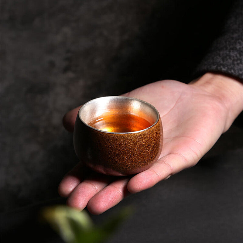 999 Sterling Silver Tea Cup Crude Pottery Master Cup 70ml Health Care Kungfu Cup