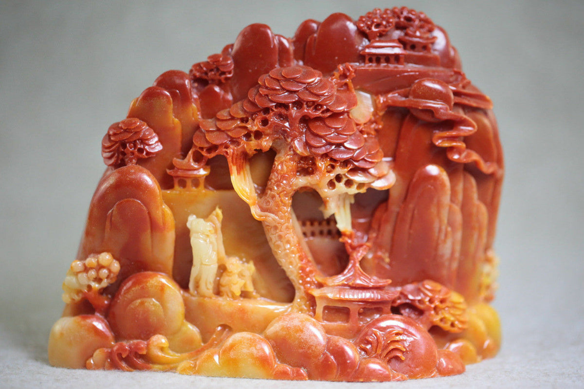 5.11" Chinese ShouShan Stone Hand Carved Landscape People Statue Collect Decor