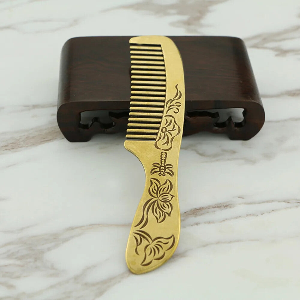Antique Brass Die Casting Relief Retro Peony Copper Comb Gua Sha Board Hair Comb