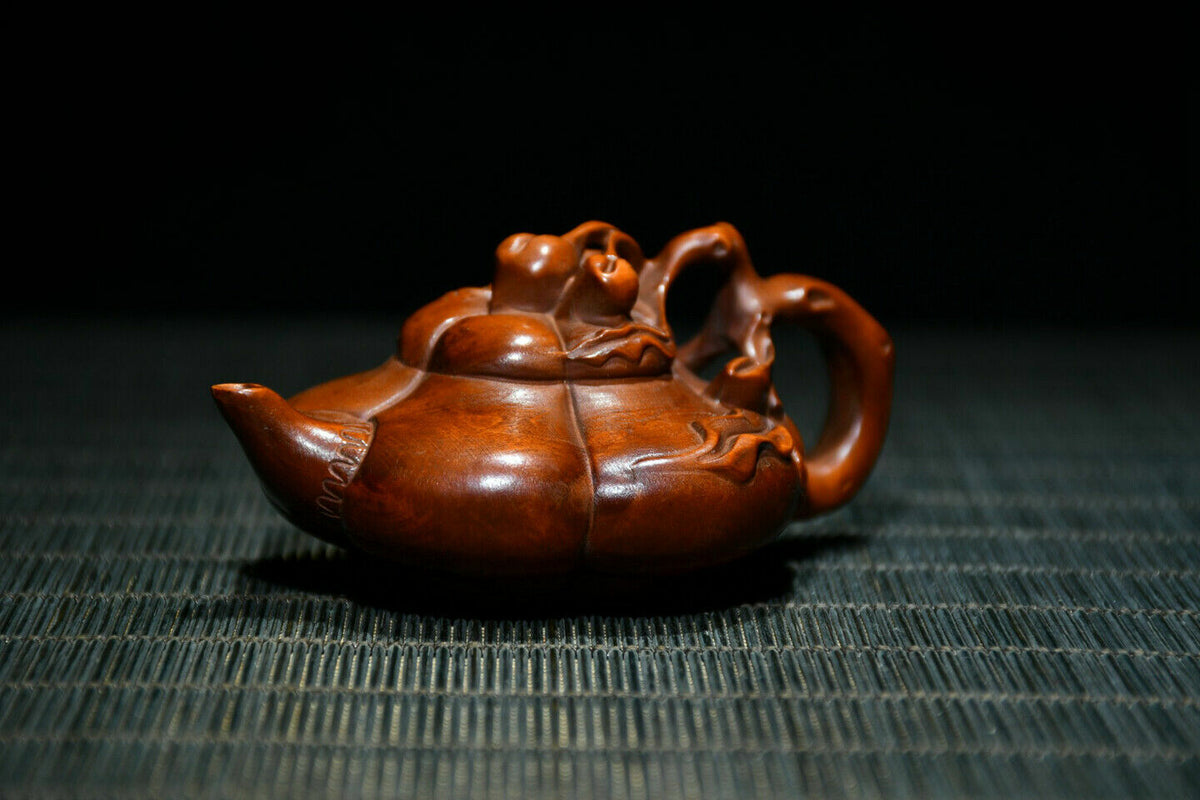 Chinese Boxwood Carving Teapot Statue Home Decorative Collection Art Gifts