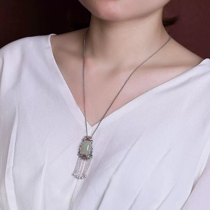 Vintage Tassel Bell Pendant Necklace Natural Jade Agate Silver Plated Set