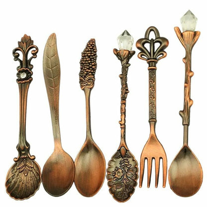 6Pcs/Set Vintage Dessert Spoons Fork 110x20mm Metal Gold Carved Coffee Tea Spoon