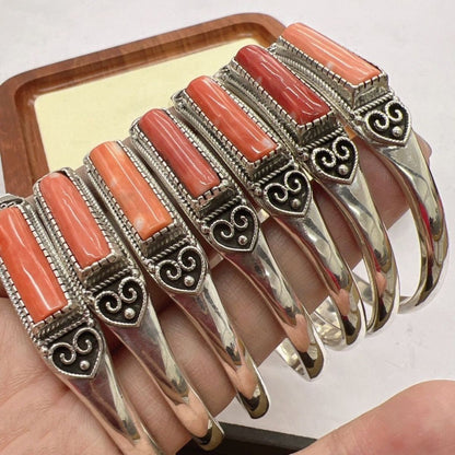 Mongolian Bracelet Adjustable Ethnic Silver Bangle Carved Red Inlay Jewelry