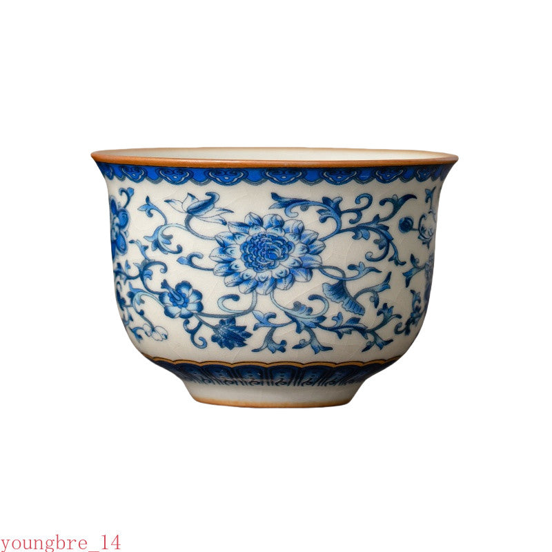 65ml Ru Kiln Blue and White Entangled Lotus Round Tea Cup Exclusive Single Cup