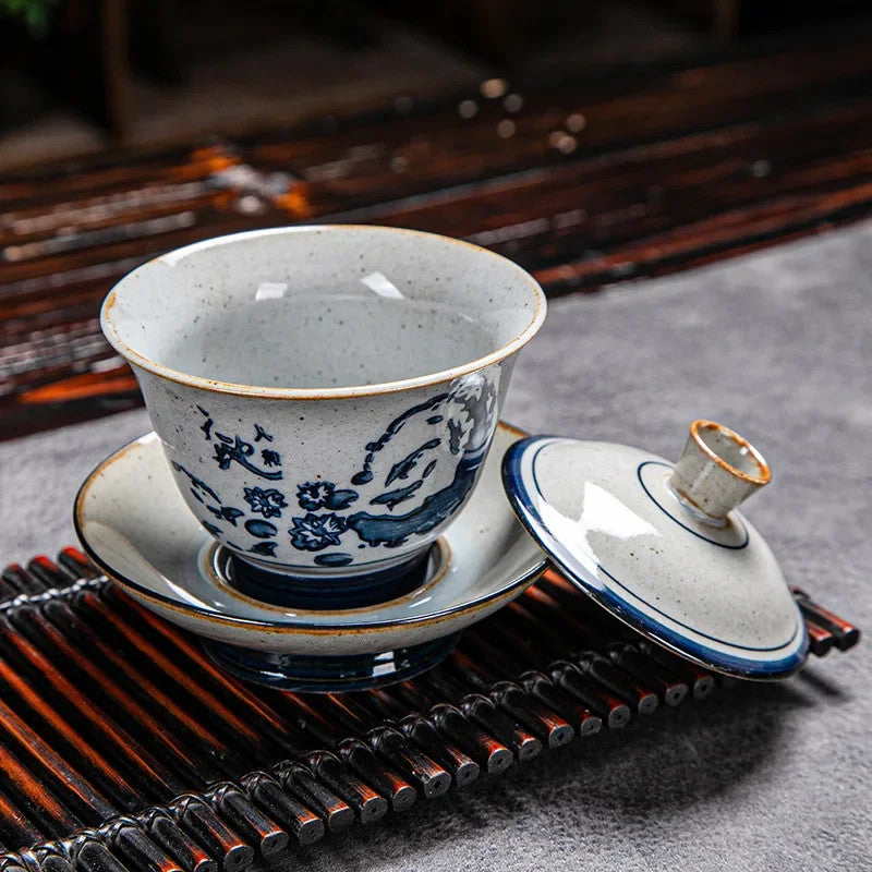 170ml Blue and White Ceramic Handpainted Gaiwan Tea Brewing Bowl Kung Fu Teaware