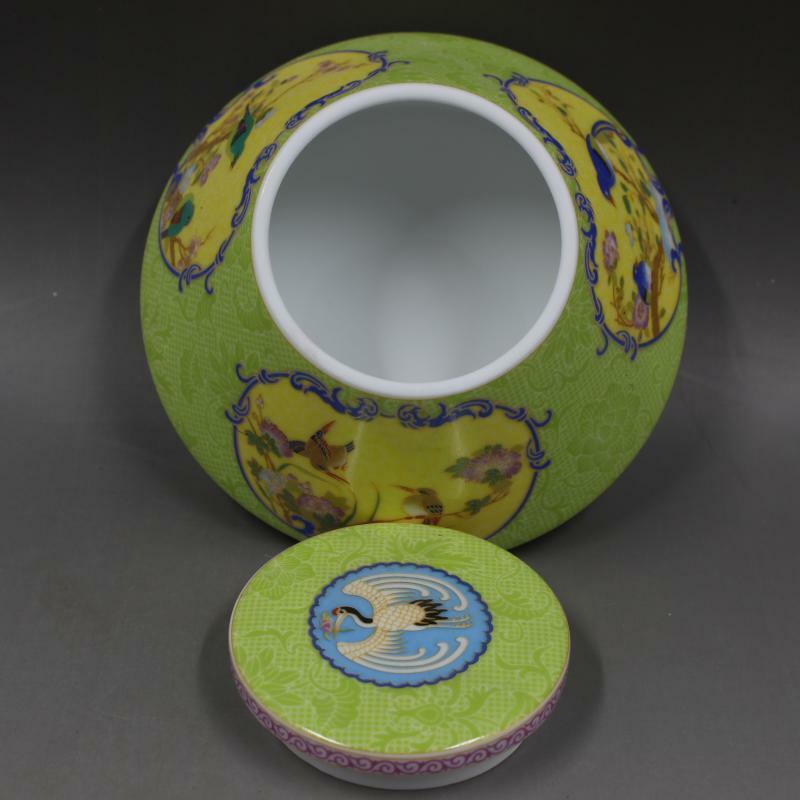 5.43"Chinese Green Enamel Porcelain Qing Yongzheng Flower Bird Design Tea Caddy