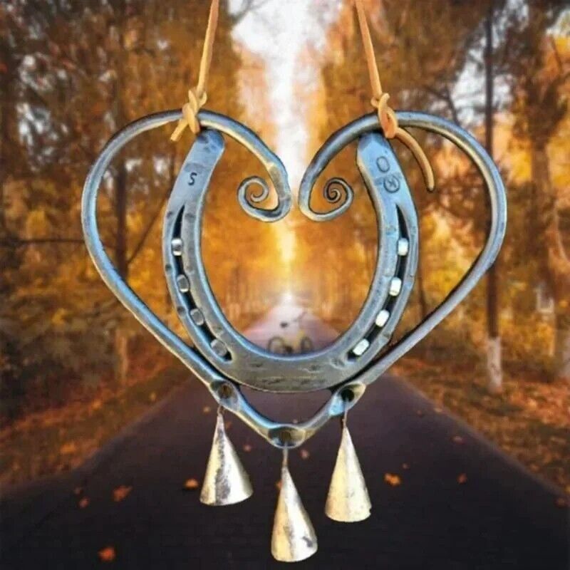 Wind Chimes Meta Horseshoe Heart Bell Steel Studs Home Decor Pendant 9.84x7.87in