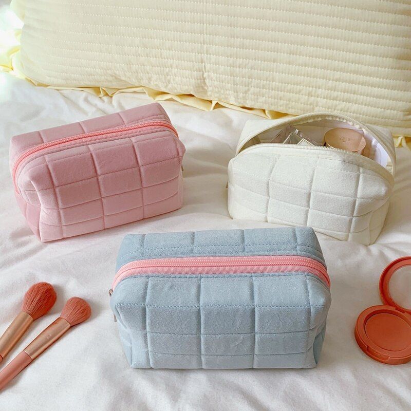 Large Pink White Blue Plush Makeup Purse Pencil Case Storage Soft Bags Organizer