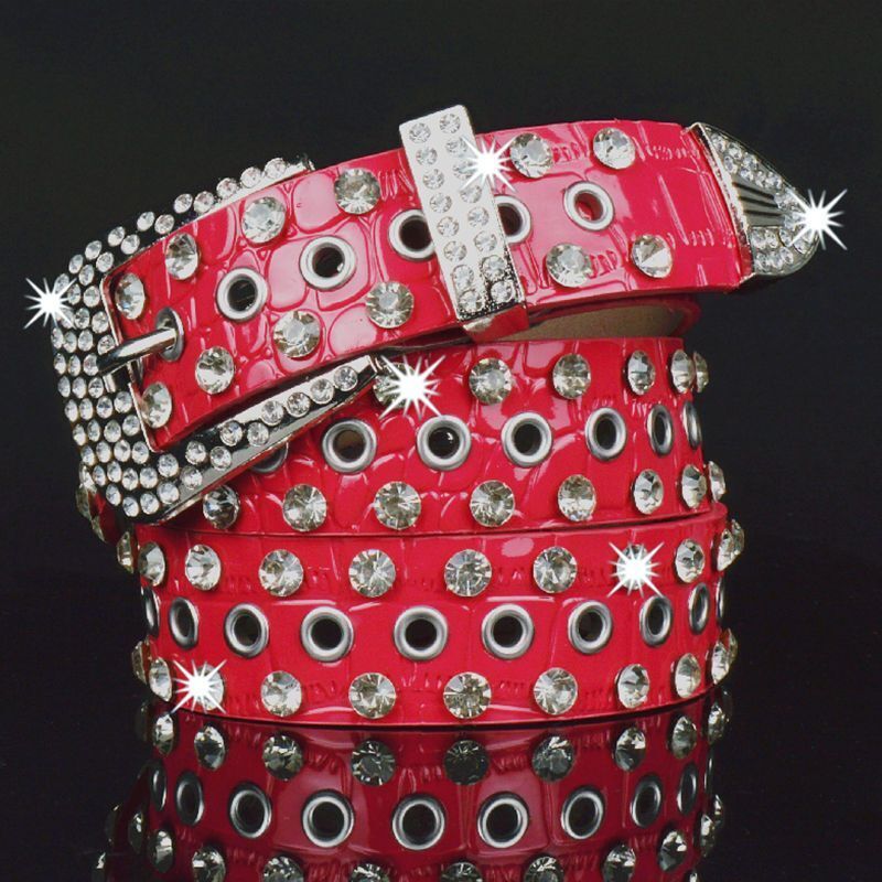 Women Leather Belt Rhinestone Fashion Men Casual Bling Jeans Waistband 110x3.3cm