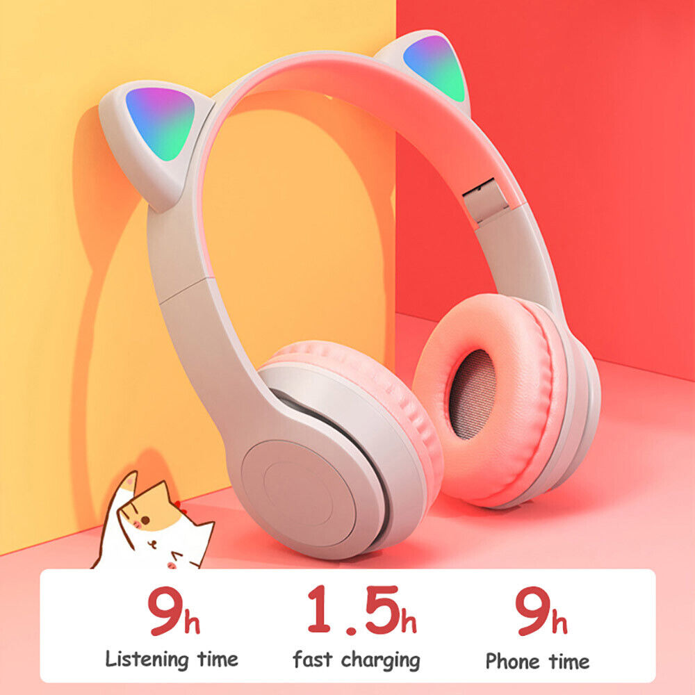 Bluetooth 5.0 Wireless Cat Rabbit Ear Headsets LED Headphones For Kids Girls Boy