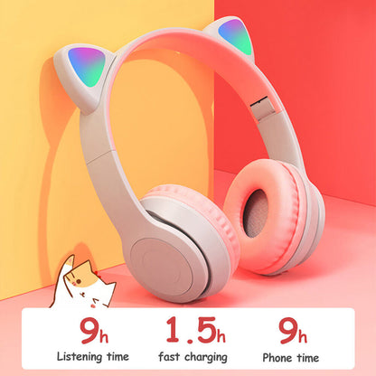 Bluetooth 5.0 Wireless Cat Rabbit Ear Headsets LED Headphones For Kids Girls Boy