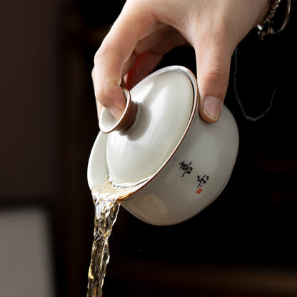 Ru Kiln Three Cai Lid Bowl Tea Cup Can Hover and Rotate Ceramic Tea Cup Tea Set