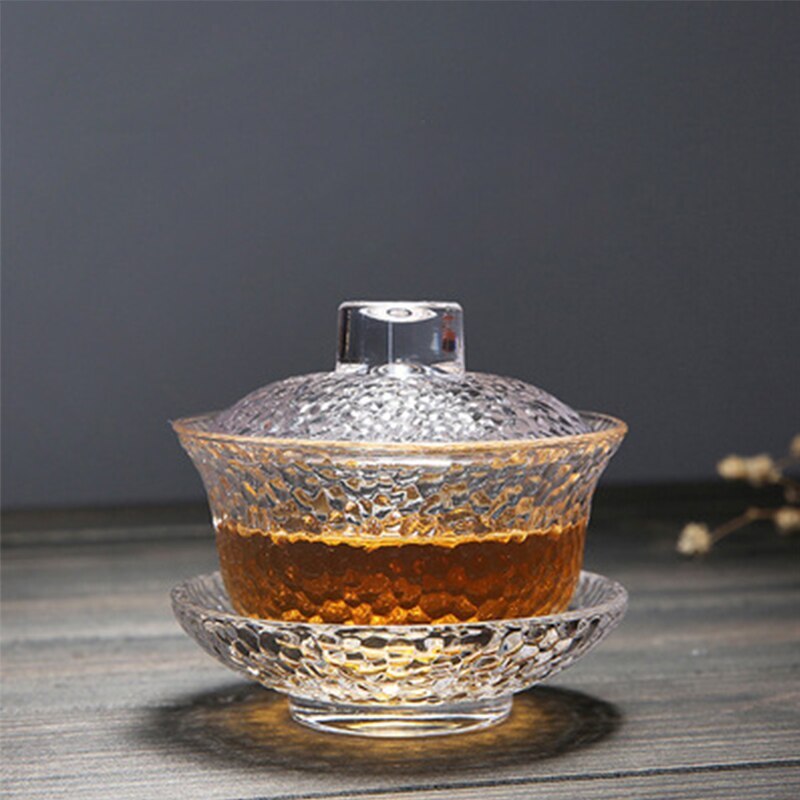 3.66" Glass Gaiwan Kung Fu Tea Set Heat-resistant Hammer-patterned Tea Bowl Gift