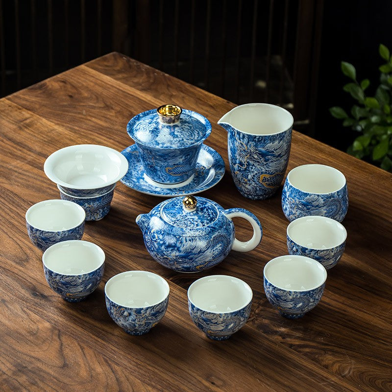 Handmade Tea Set Ceramic Tea Pot Matching Cup Dragon Print Color Enamel Craft