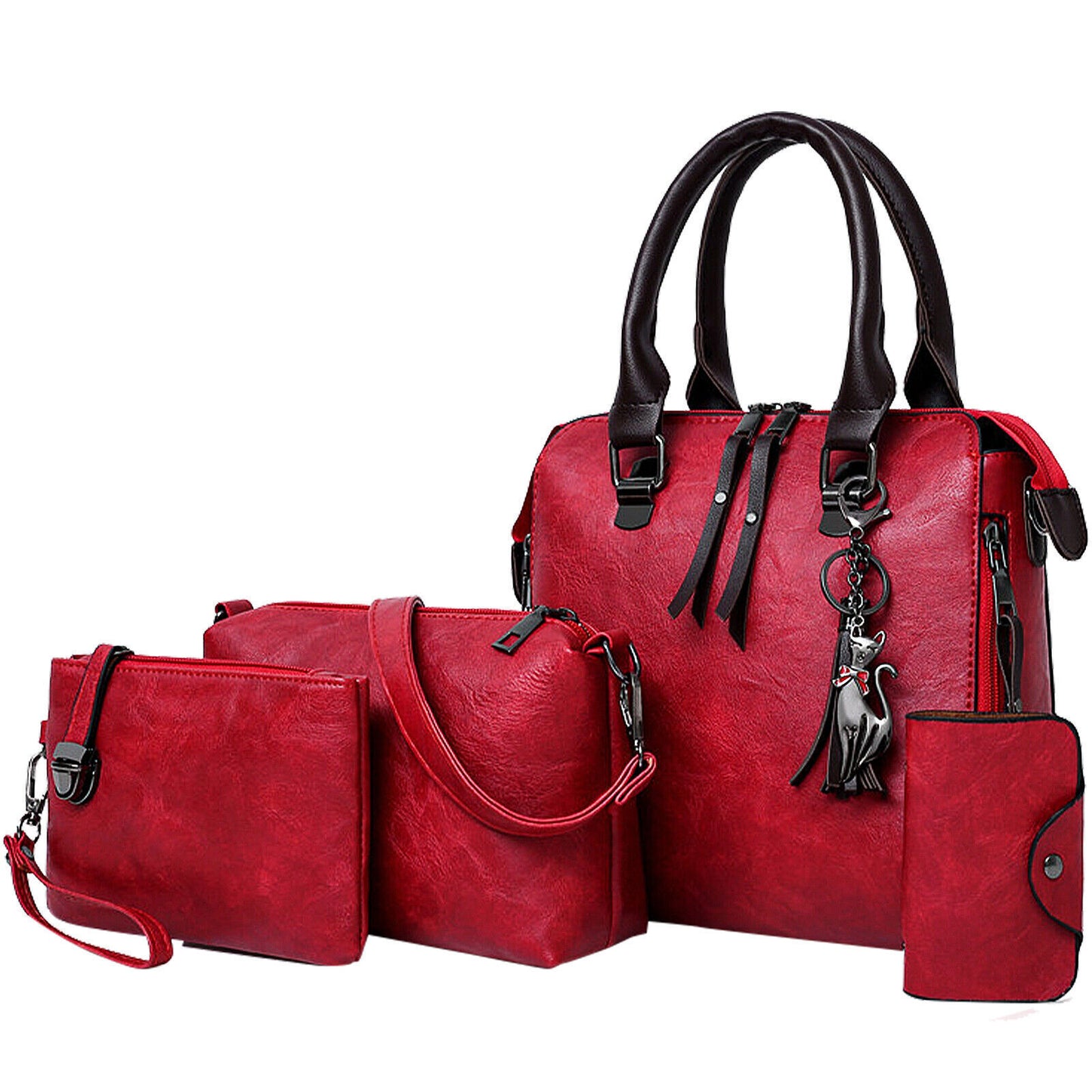 4pcs Vintage Women Handbag PU Leather Tote Messenger Bag Wallet Clutch w/ Tassel