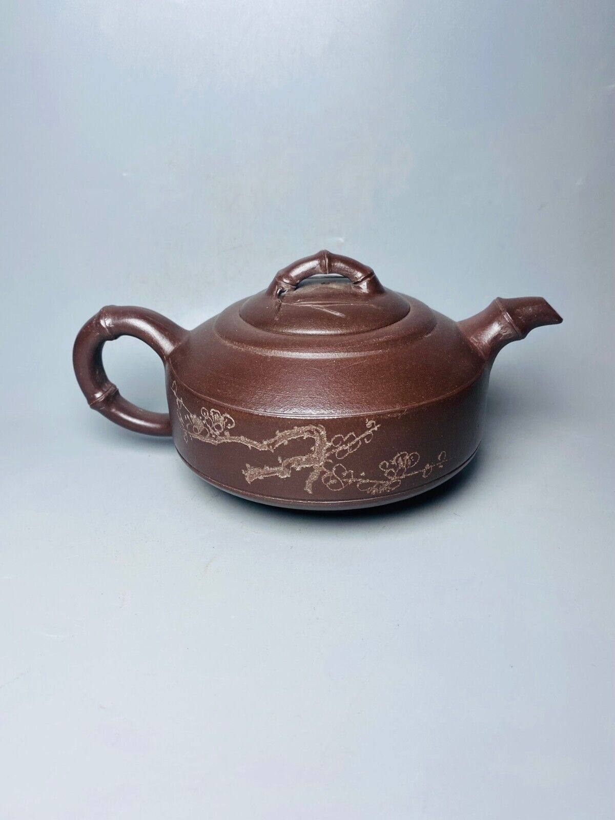 Chinese Yixing Zisha Clay Handmade Exquisite Teapot （竹节刻绘 底款：顾景舟）