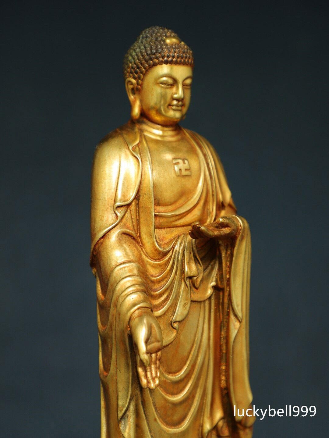 13.8" Old Antique Tibetan Buddhism Temple Bronze 24k Gilt Amitabha Buddha Statue