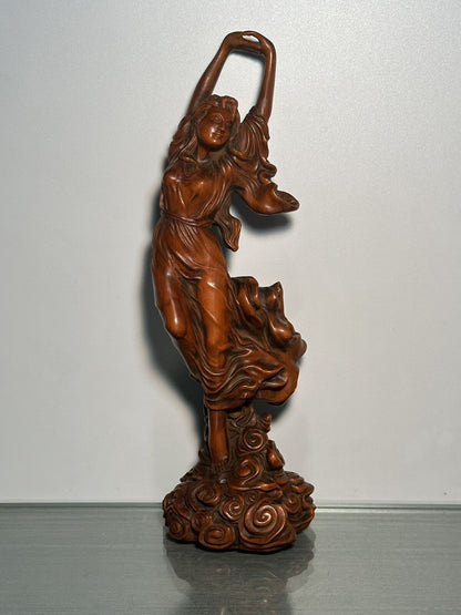 Chinese Wood Carved Boxwood Pretty Woman Girl Statue Wooden Sculpture Home Decor