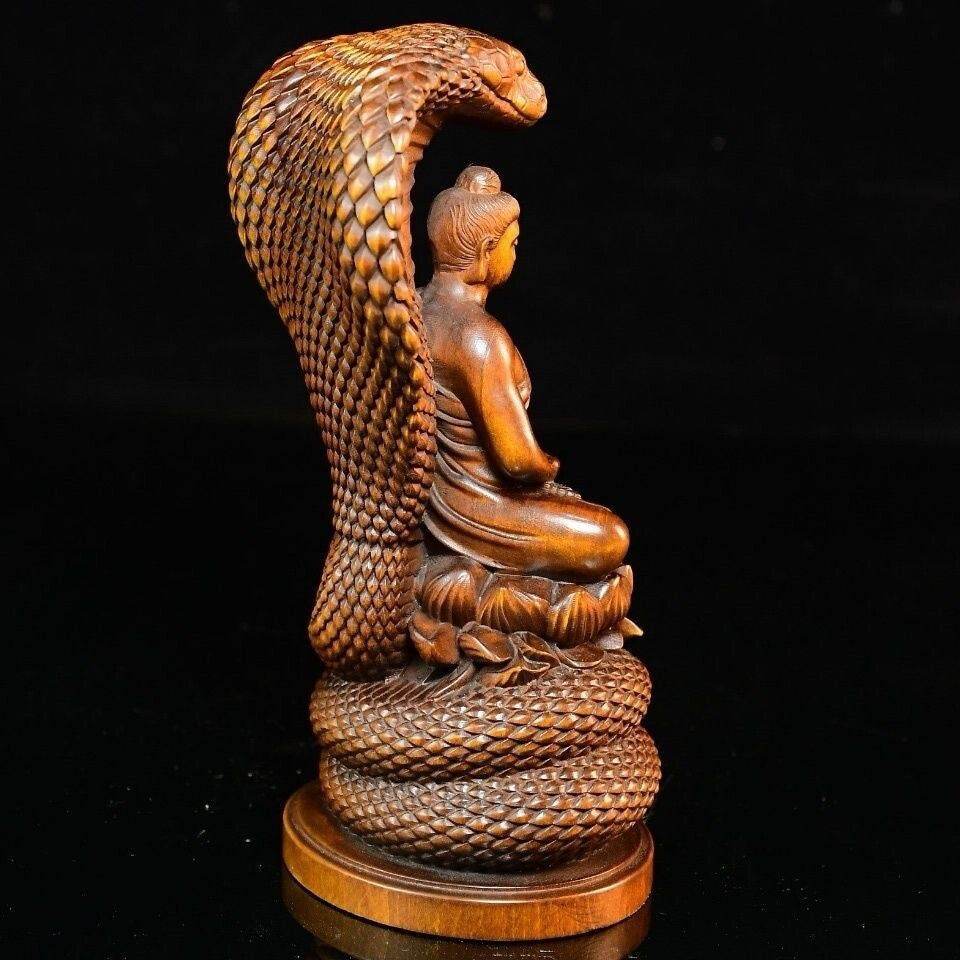 Old Boxwood Carved Snake Buddha Serpent Statue Buddhism Sculpture Decor