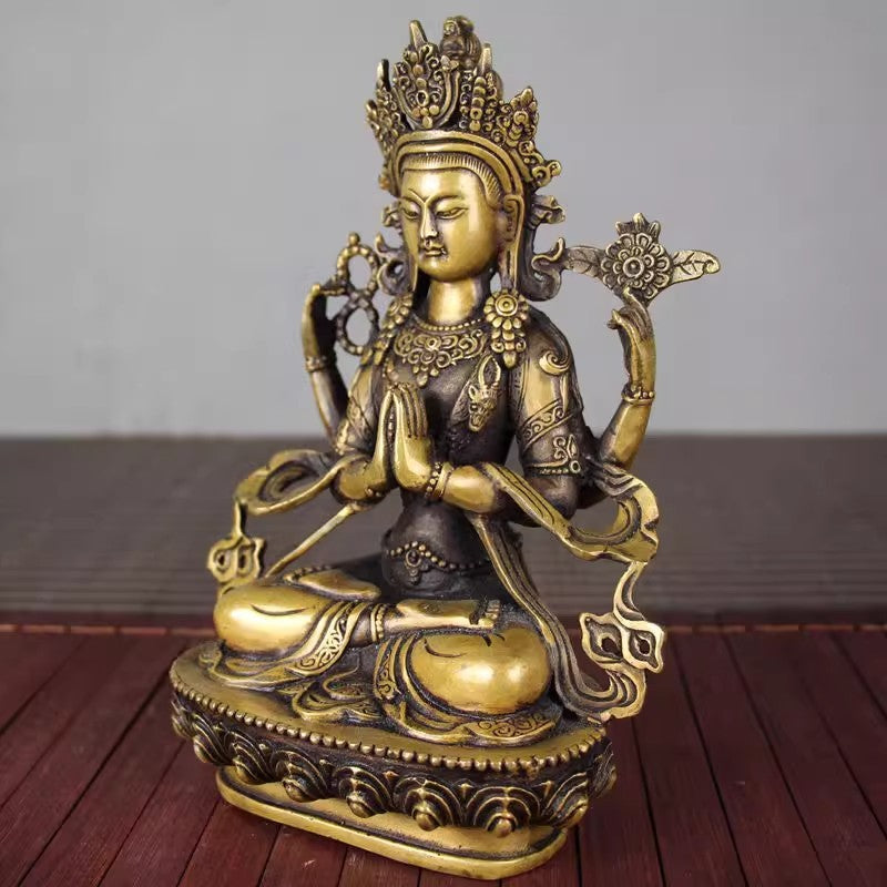 8.4'' Chinese Brass Kwan-yin Guanyin Statue Old Bronze Buddha Statue