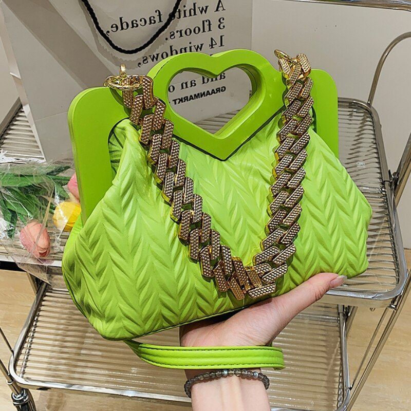 Green Chain Small Synthetic Leather Shoulder Crossbody Bag Wooden Handle Handbag