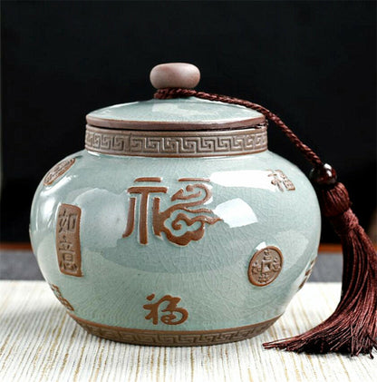 Luck Porcelain Embossed Tea Tin Storage CeladonTea Canister Tea Caddy Tea Set