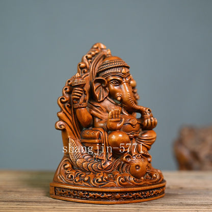 4.5" Boxwood Carved Hindu Elephant God Statue Ganesha Ganesh Figure Shrine Decor