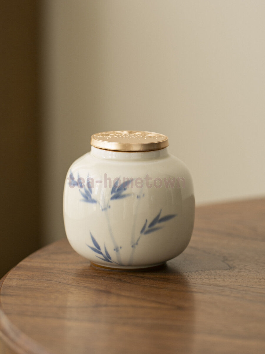 Hand Drawn Bamboo Persimmon Tea Jar Zen Ceramic Sealed Tea Can Storage Tank
